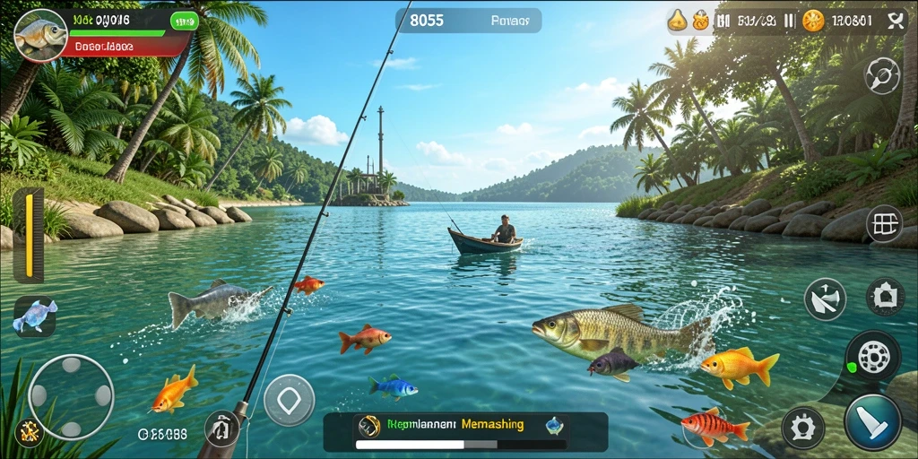 Screenshot dari gameplay 8055 yang menampilkan aksi memancing yang seru.