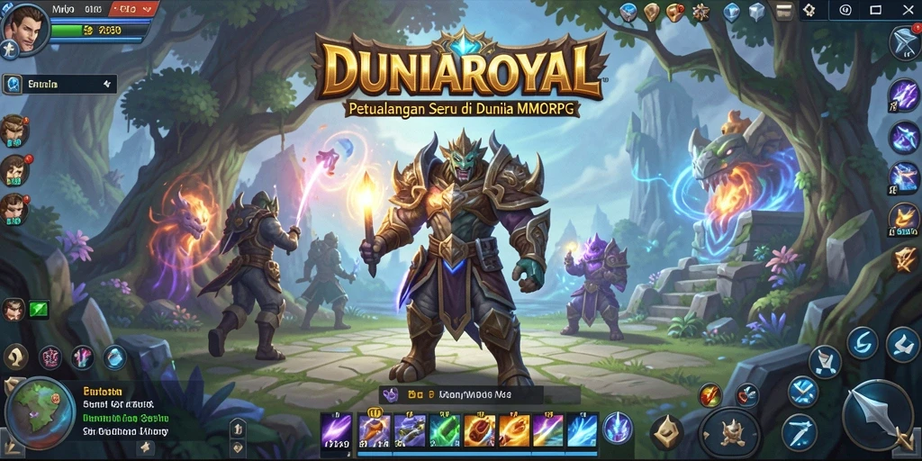 Screenshot gameplay DUNIAROYAL dengan karakter yang beraksi di medan perang.