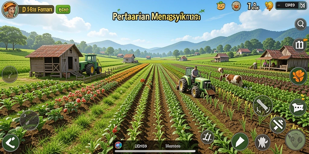 Screenshot permainan IDR89 menampilkan keindahan kebun dan proses bertani.