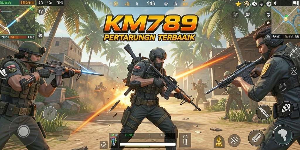 Screenshot gameplay KM789 menunjukkan aksi pertarungan Battle Royale yang mendebarkan.