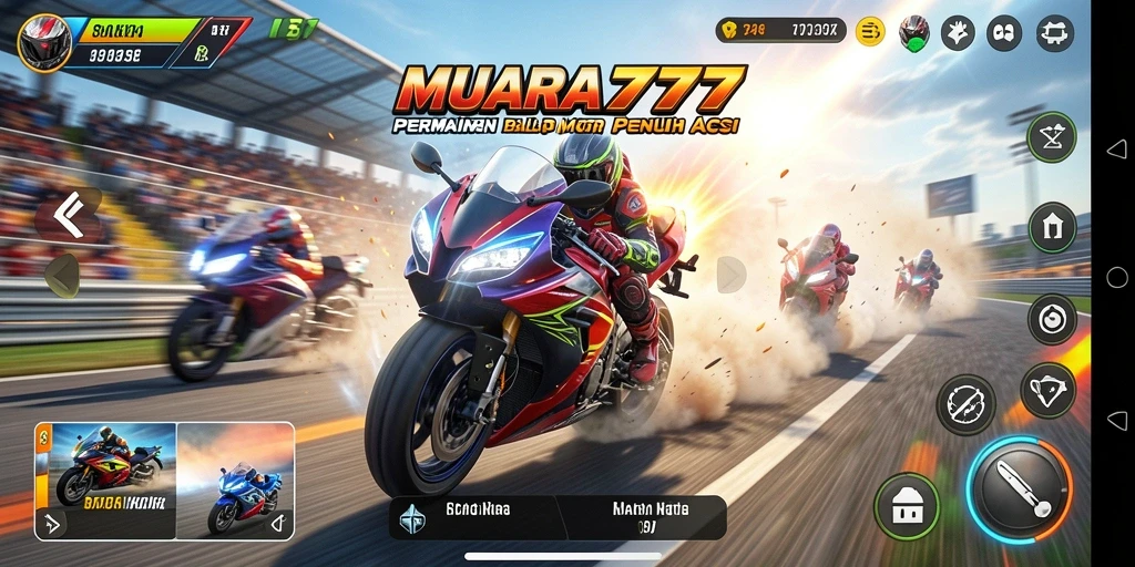 Tangkapan layar gameplay MUARA777 yang menunjukkan aksi balapan motor yang mendebarkan.