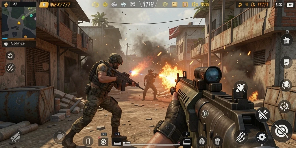 Tampilan penuh aksi permainan FPS dalam NEX777.