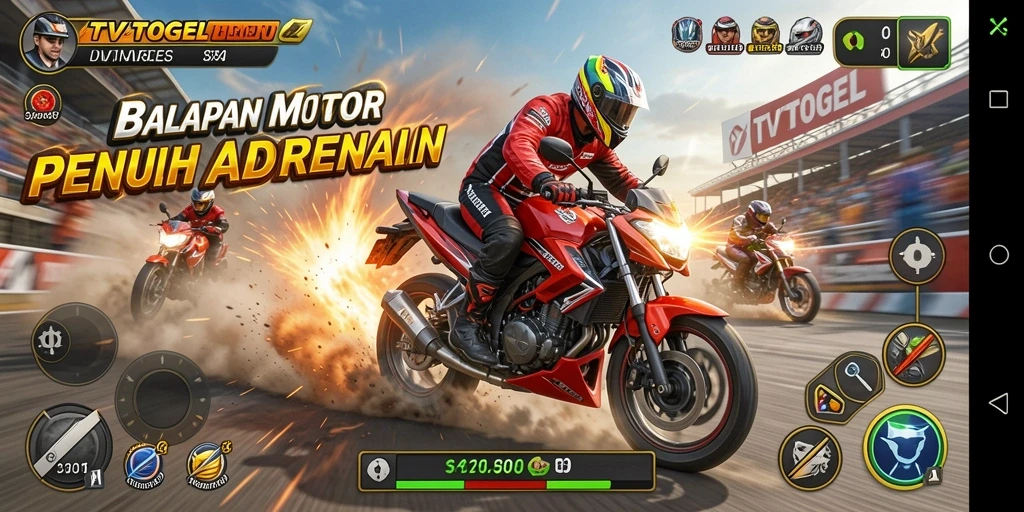 Screenshot menunjukkan aksi balapan motor yang intens dan mendebarkan.