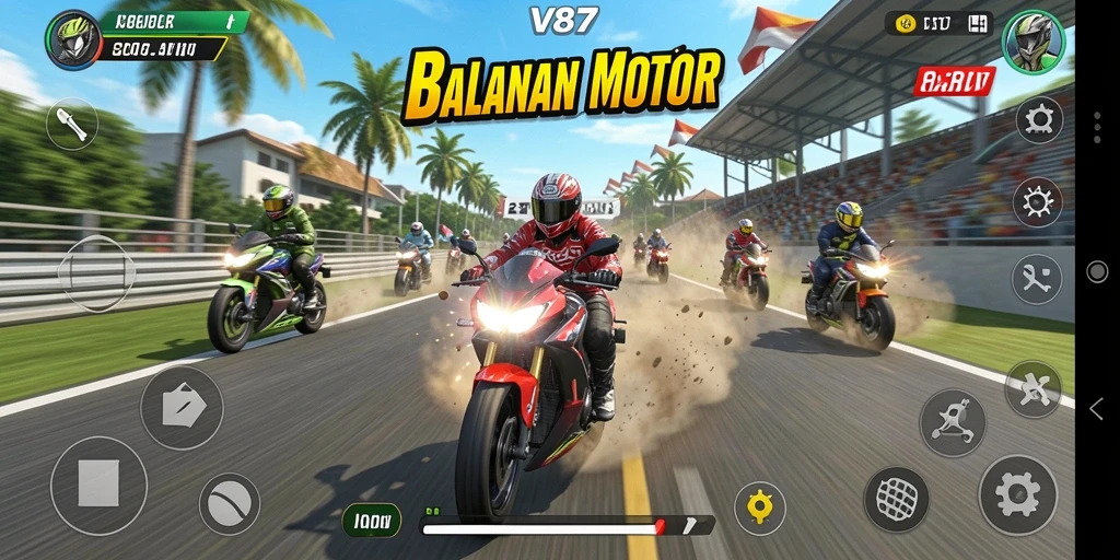 Gameplay V87 yang seru dengan balapan motor cepat dan menantang.