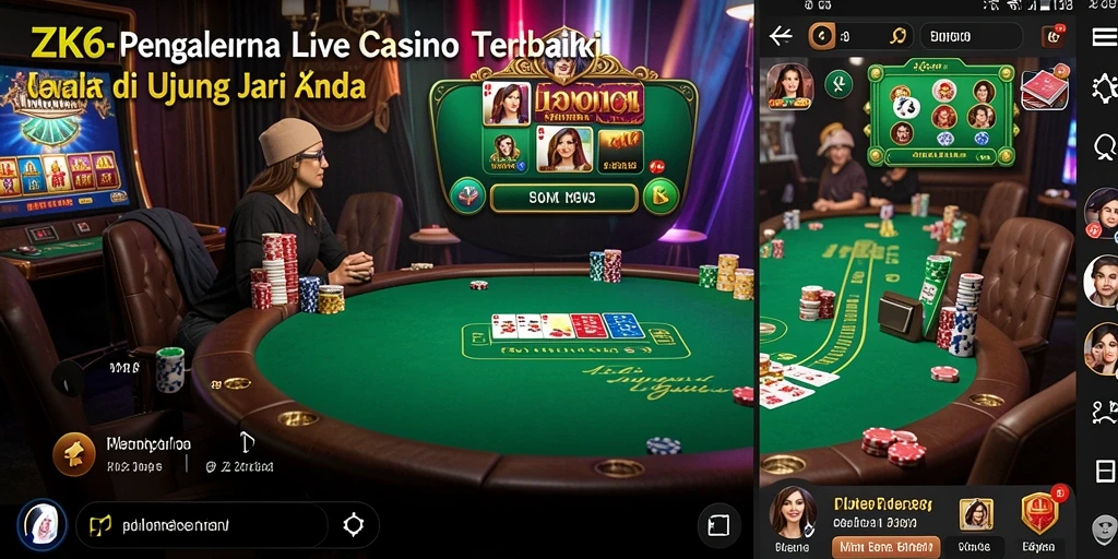 Screenshot gameplay ZK6 menampilkan dealer langsung dan suasana kasino.